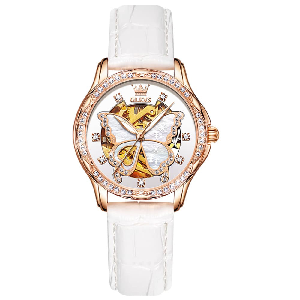 OLEVS 6622 Butterfly Skeleton Mechanical Watch for Women - White Leather Watch | Olevs Watch Store