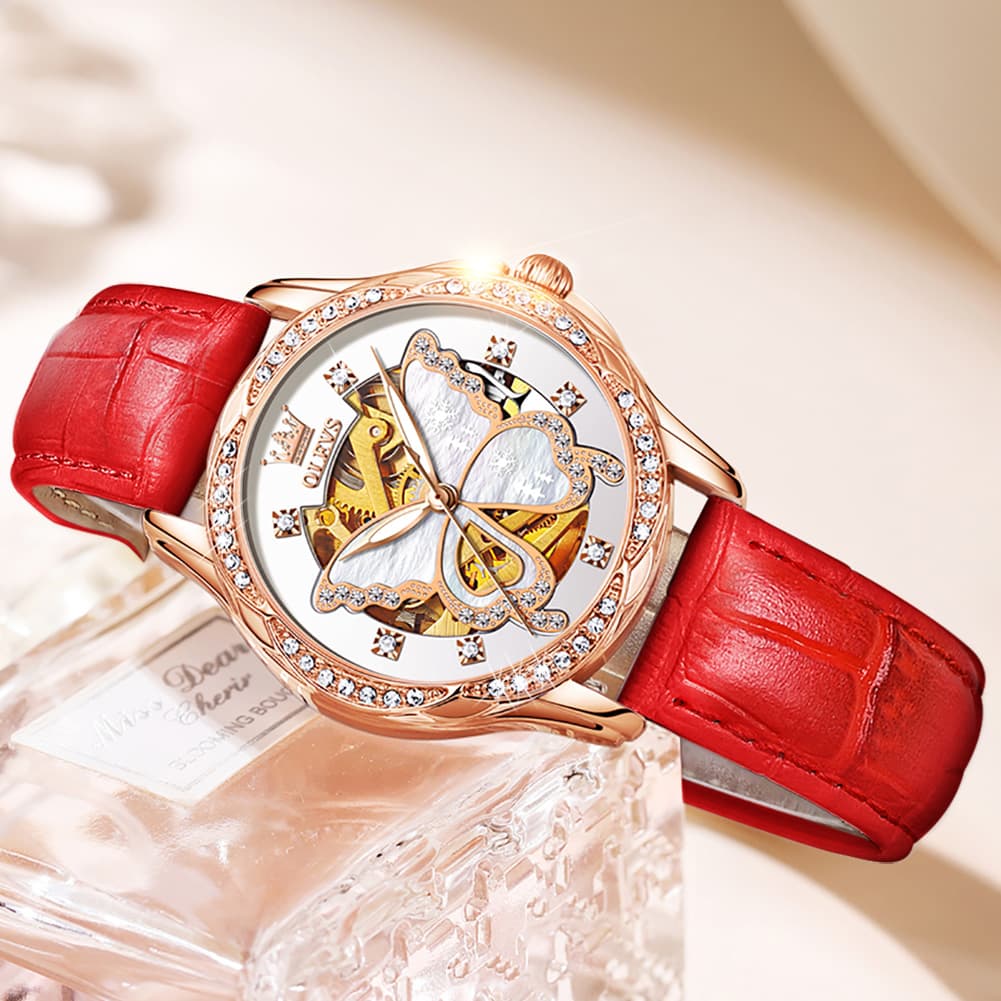 OLEVS 6622 Butterfly Skeleton Mechanical Watch for Women - White Leather Watch | Olevs Watch Store