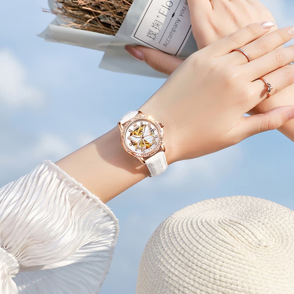 OLEVS 6622 Butterfly Skeleton Mechanical Watch for Women - White Leather Watch | Olevs Watch Store