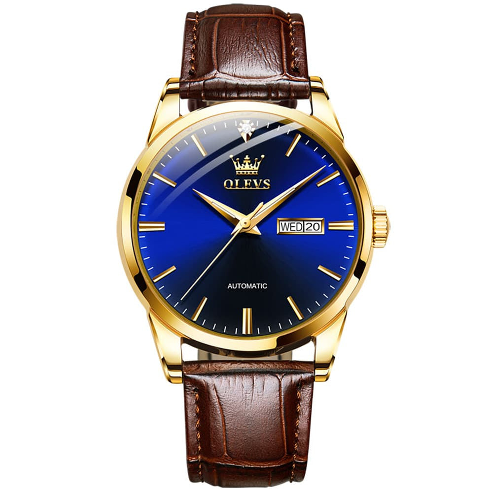 OLEVS 6629 Minimalist Day Date Mechanical Watch for Men - Gold Blue Watch | Olevs Watch Store