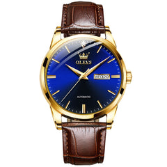 OLEVS 6629 Minimalist Day Date Mechanical Watch for Men - Gold Blue Watch | Olevs Watch Store