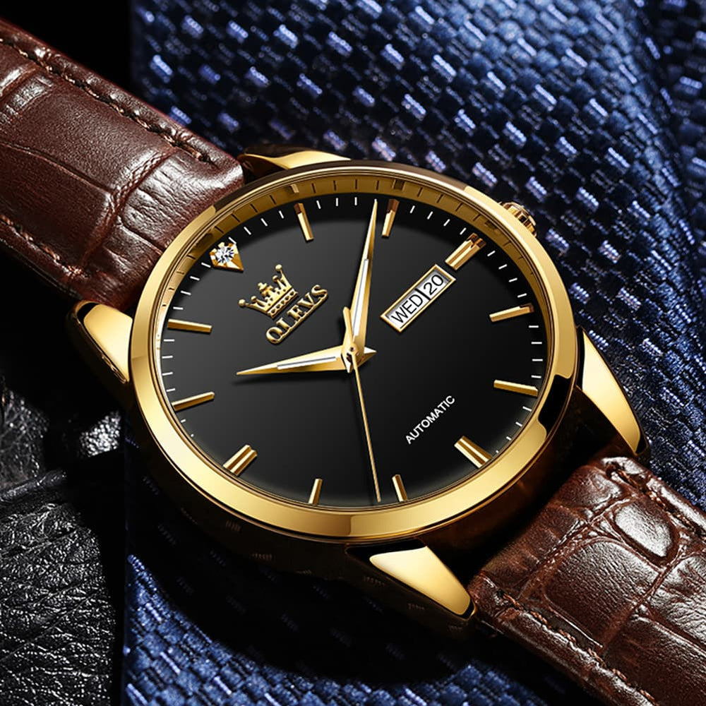 OLEVS 6629 Minimalist Day Date Mechanical Watch for Men - Gold White Watch | Olevs Watch Store