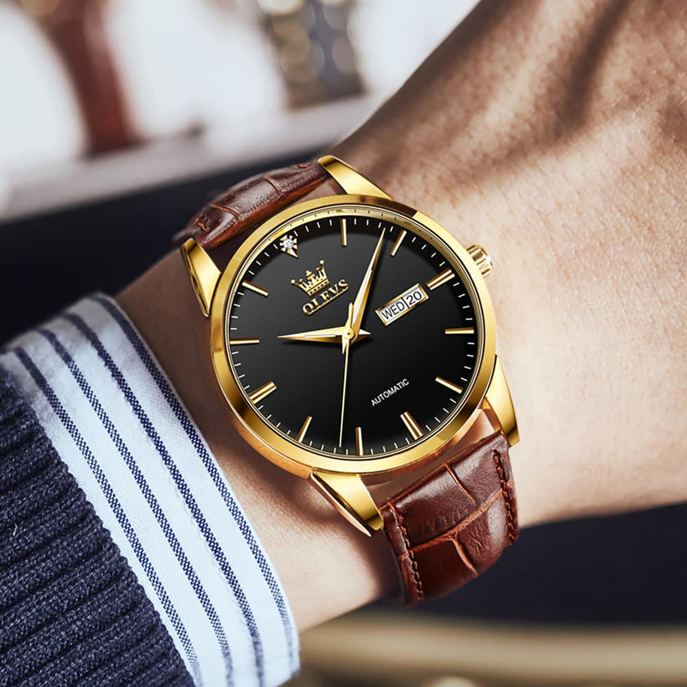 OLEVS 6629 Minimalist Day Date Mechanical Watch for Men - Gold White Watch | Olevs Watch Store