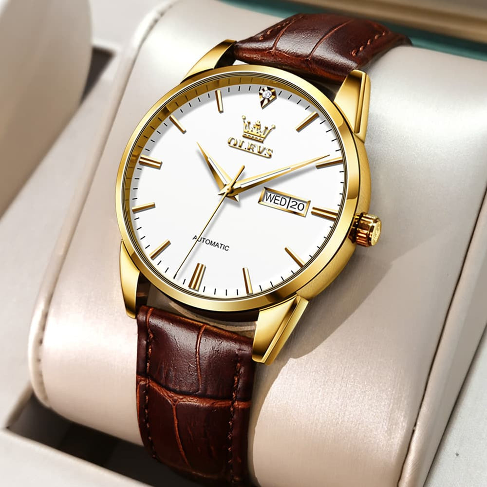 OLEVS 6629 Minimalist Day Date Mechanical Watch for Men - Gold White Watch | Olevs Watch Store