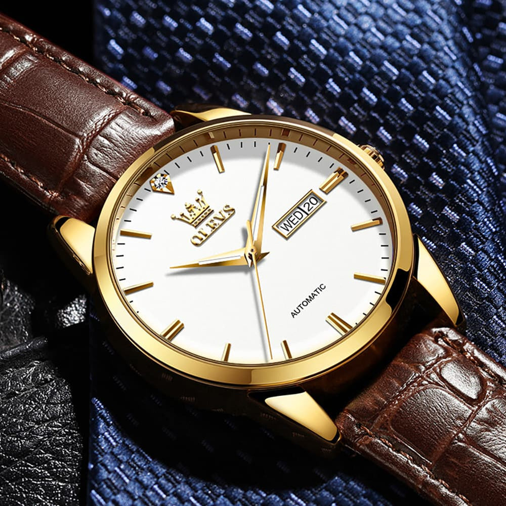 OLEVS 6629 Minimalist Day Date Mechanical Watch for Men - Gold White Watch | Olevs Watch Store