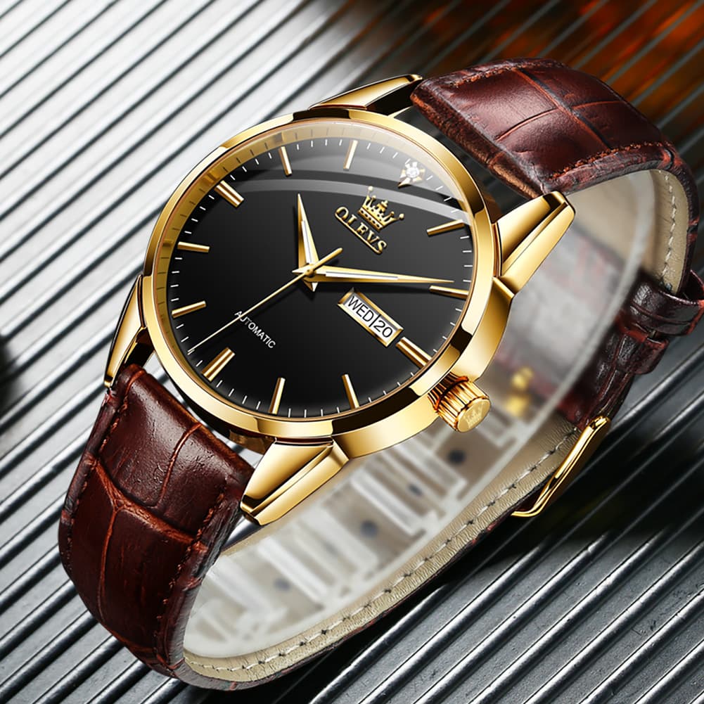 OLEVS 6629 Minimalist Day Date Mechanical Watch for Men - Gold White Watch | Olevs Watch Store
