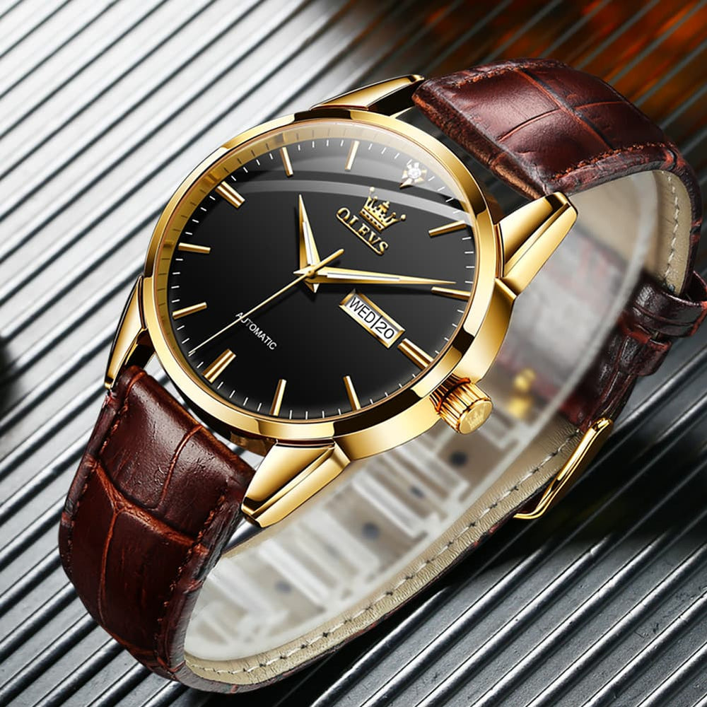 OLEVS 6629 Minimalist Day Date Mechanical Watch for Men - Gold White Watch | Olevs Watch Store