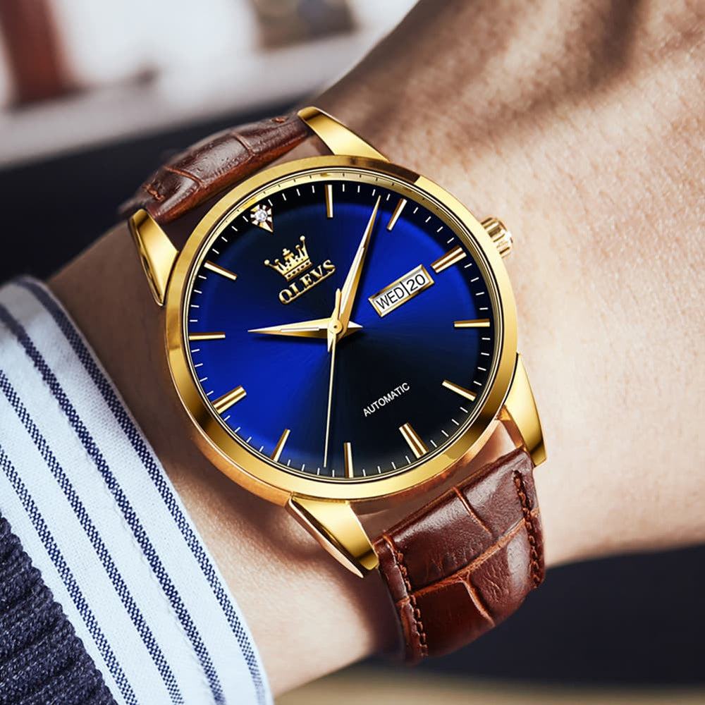 OLEVS 6629 Minimalist Day Date Mechanical Watch for Men - Gold White Watch | Olevs Watch Store