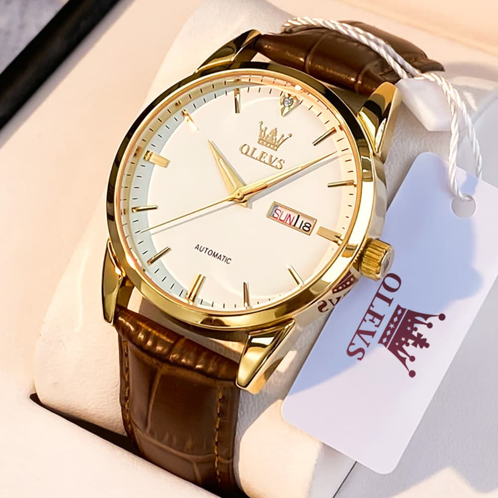 OLEVS 6629 Minimalist Day Date Mechanical Watch for Men - Gold White Watch | Olevs Watch Store