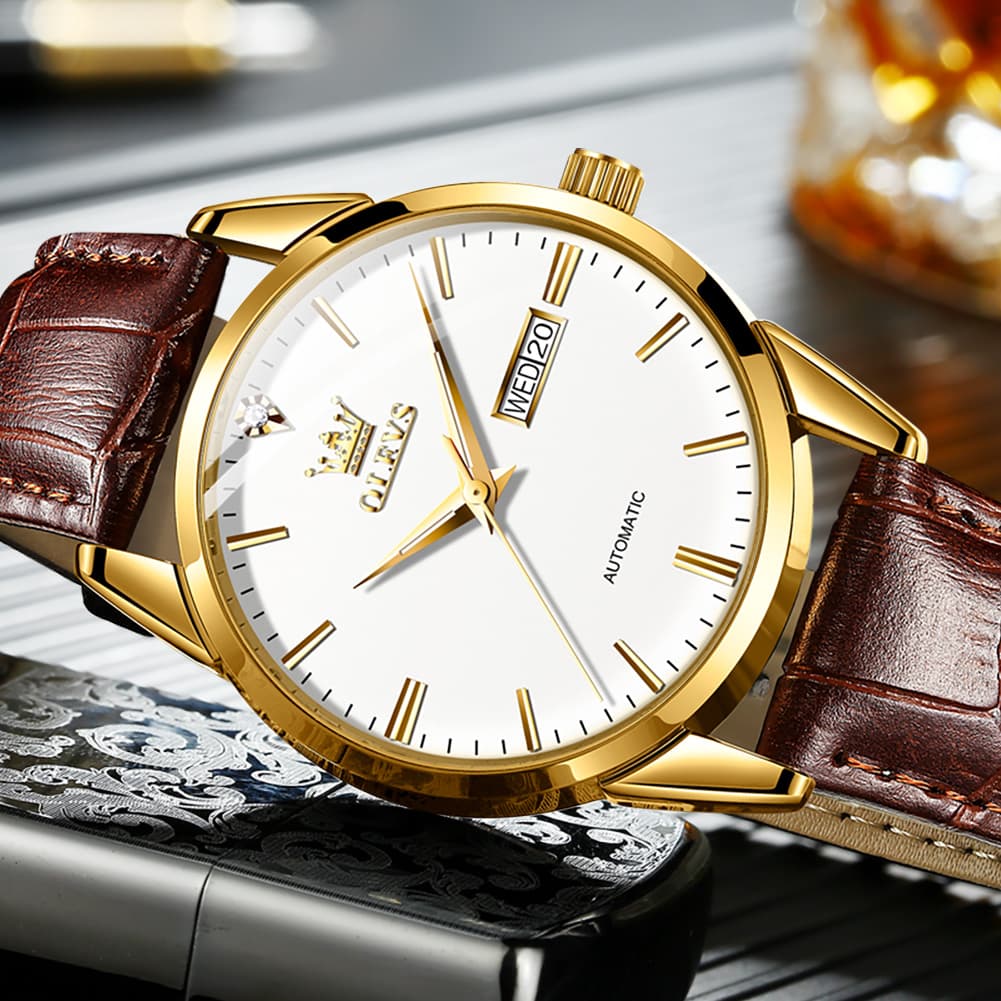 OLEVS 6629 Minimalist Day Date Mechanical Watch for Men - Gold White Watch | Olevs Watch Store