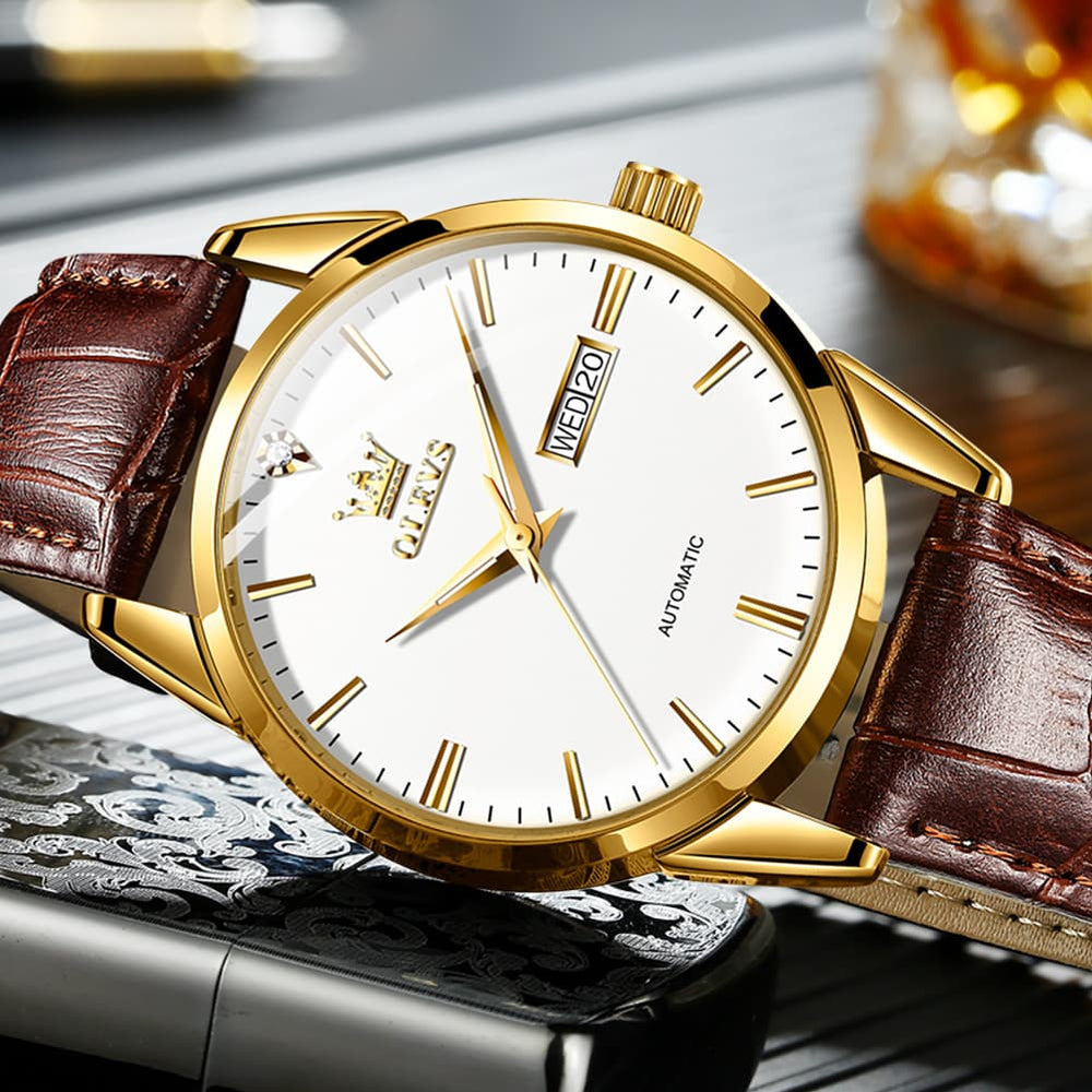 OLEVS 6629 Minimalist Day Date Mechanical Watch for Men - Gold White Watch | Olevs Watch Store