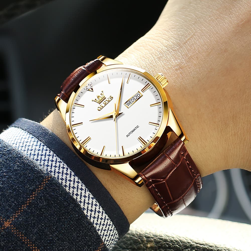 OLEVS 6629 Minimalist Day Date Mechanical Watch for Men - Gold White Watch | Olevs Watch Store