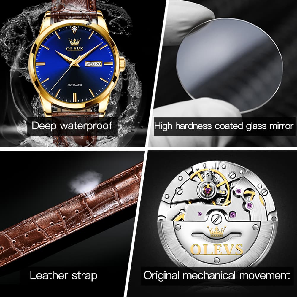 OLEVS 6629 Minimalist Day Date Mechanical Watch for Men - Gold White Watch | Olevs Watch Store