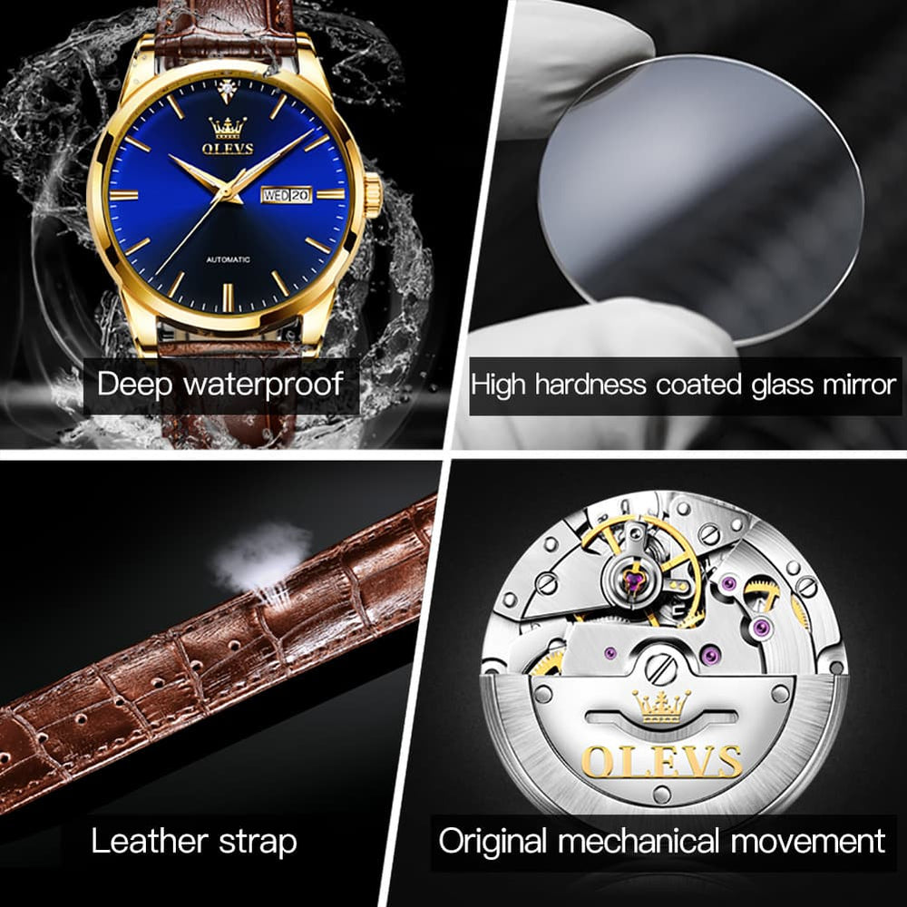 OLEVS 6629 Minimalist Day Date Mechanical Watch for Men - Gold White Watch | Olevs Watch Store