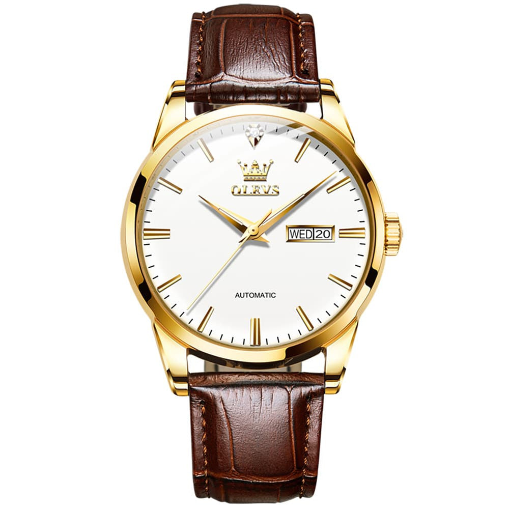OLEVS 6629 Minimalist Day Date Mechanical Watch for Men - Gold White Watch | Olevs Watch Store