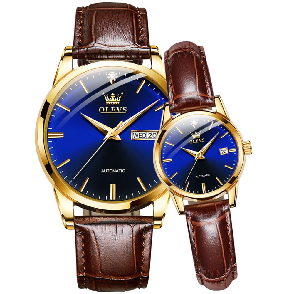 OLEVS 6629 Minimalist Mechanical Couple Watches Set - Gold Blue Watch | Olevs Watch Store