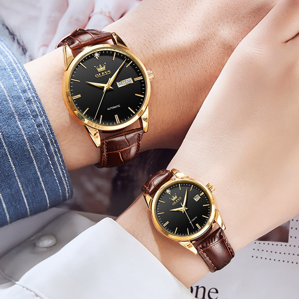 OLEVS 6629 Minimalist Mechanical Couple Watches Set - Gold White Watch | Olevs Watch Store