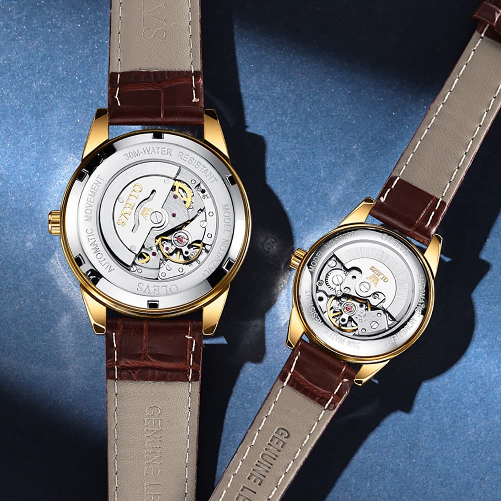 OLEVS 6629 Minimalist Mechanical Couple Watches Set - Gold White Watch | Olevs Watch Store