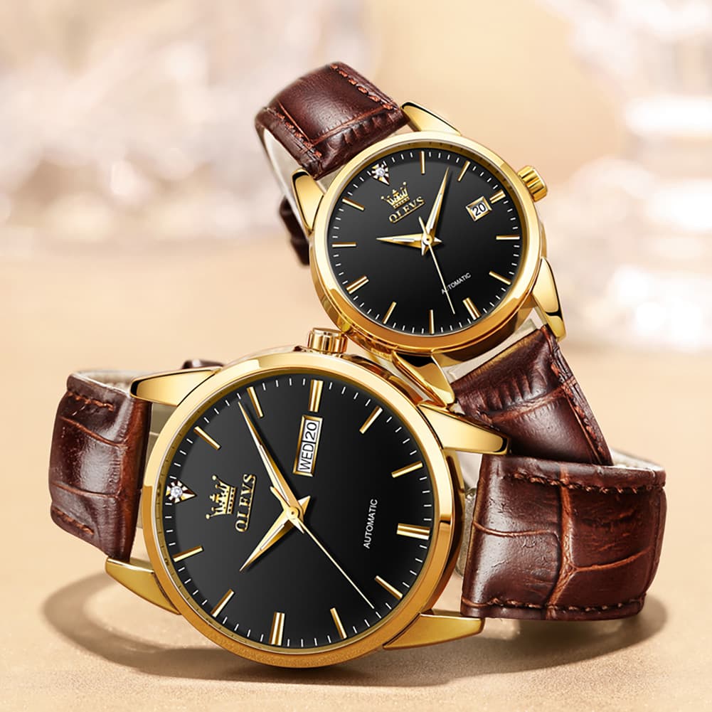 OLEVS 6629 Minimalist Mechanical Couple Watches Set - Gold White Watch | Olevs Watch Store