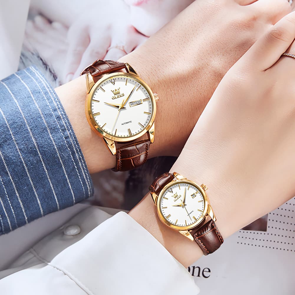 OLEVS 6629 Minimalist Mechanical Couple Watches Set - Gold White Watch | Olevs Watch Store