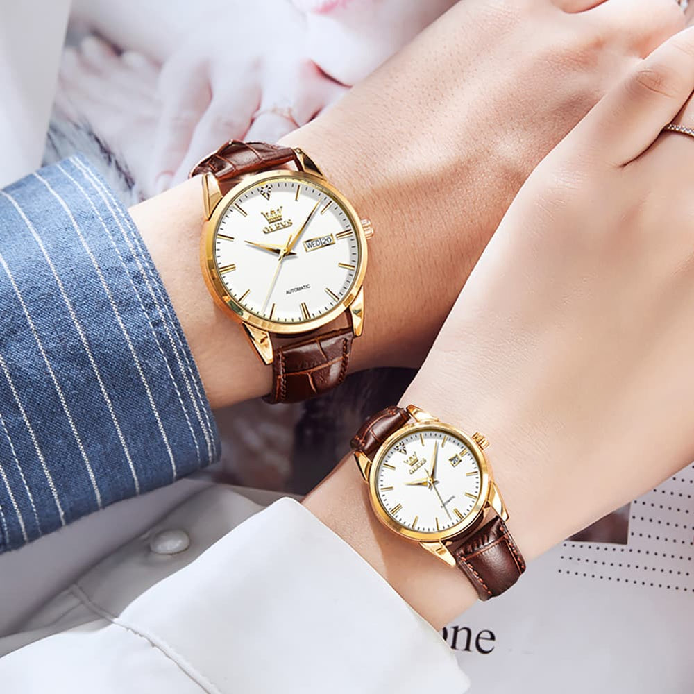 OLEVS 6629 Minimalist Mechanical Couple Watches Set - Gold White Watch | Olevs Watch Store