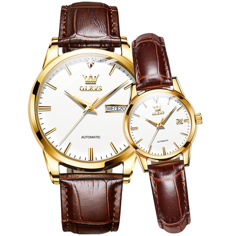 OLEVS 6629 Minimalist Mechanical Couple Watches Set - Gold White Watch | Olevs Watch Store