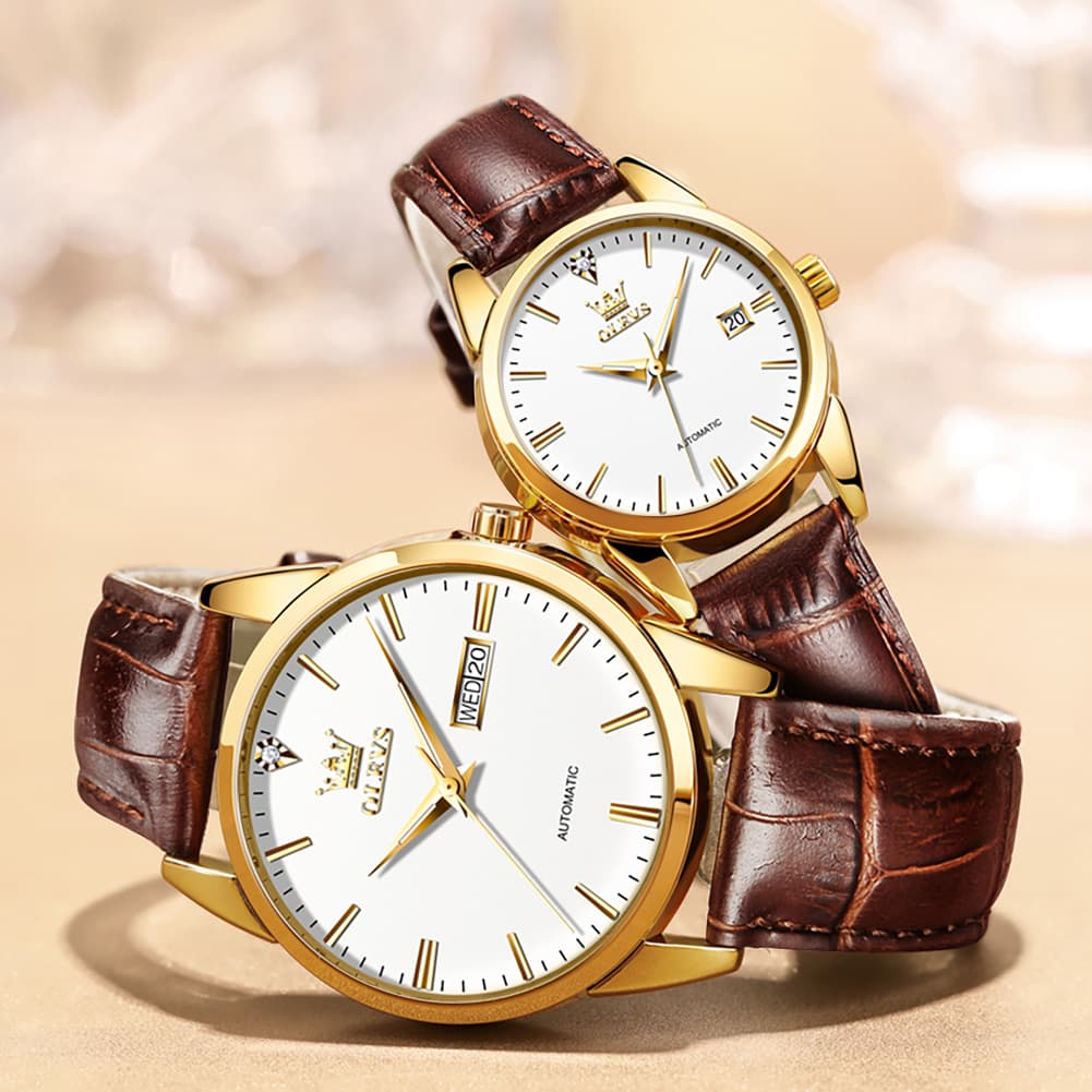 OLEVS 6629 Minimalist Mechanical Couple Watches Set - Gold White Watch | Olevs Watch Store