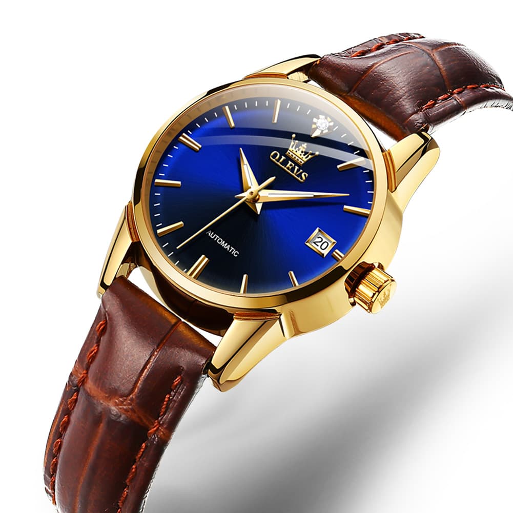 OLEVS 6629 Petite Minimalist Mechanical Watch for Women - Gold Blue Watch | Olevs Watch Store