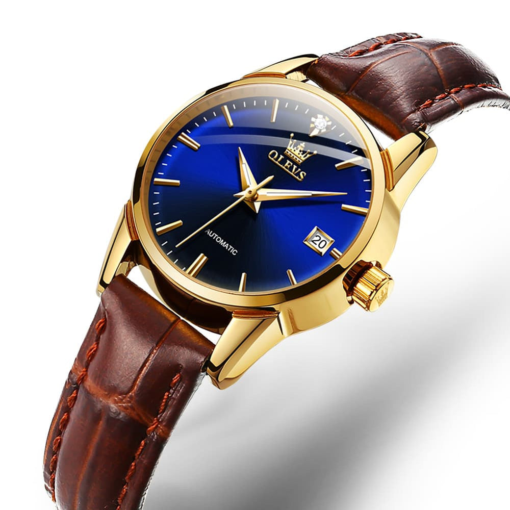 OLEVS 6629 Petite Minimalist Mechanical Watch for Women - Gold Blue Watch | Olevs Watch Store
