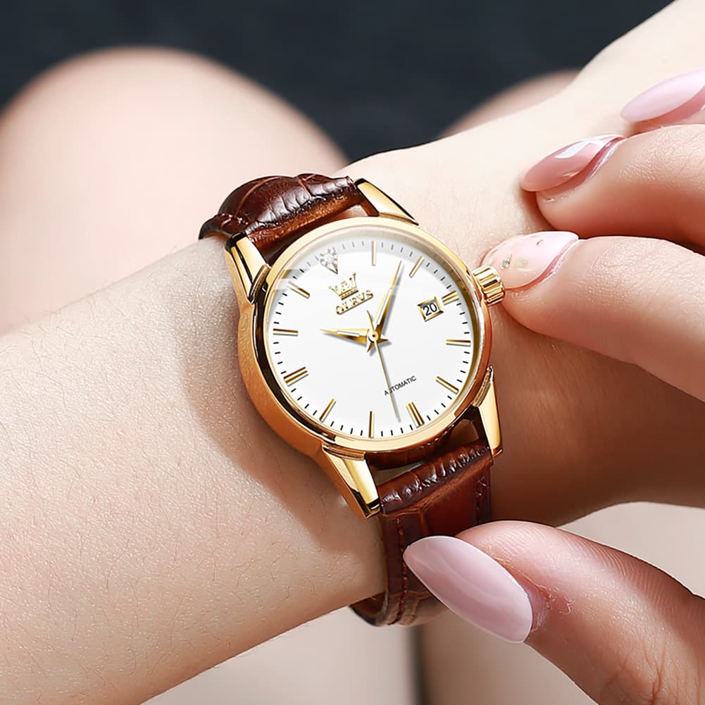 OLEVS 6629 Petite Minimalist Mechanical Watch for Women - Gold White Watch | Olevs Watch Store