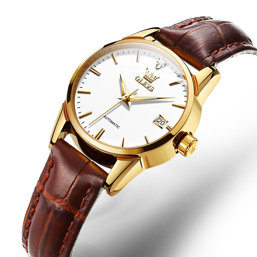 OLEVS 6629 Petite Minimalist Mechanical Watch for Women - Gold White Watch | Olevs Watch Store