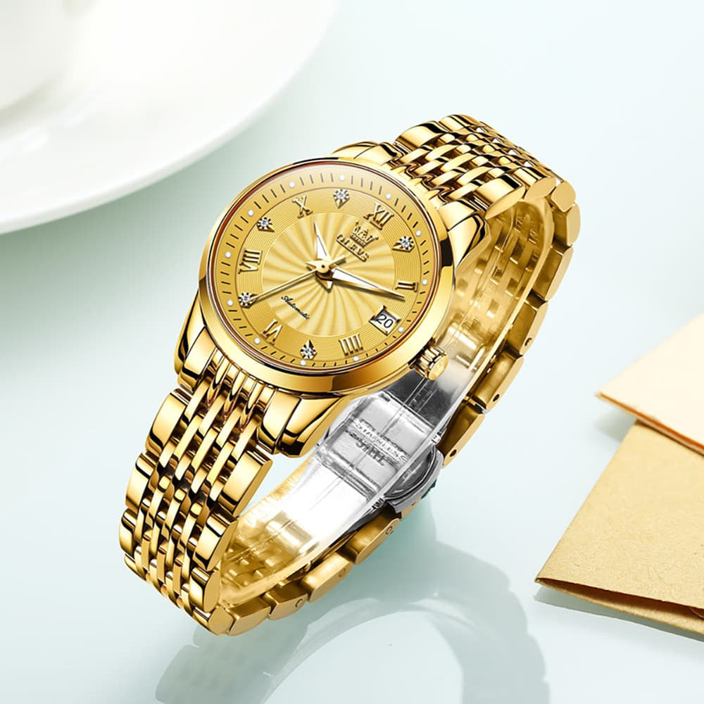 OLEVS 6630 Petite Sunburst Mechanical Watch for Women - All Gold Watch | Olevs Watch Store