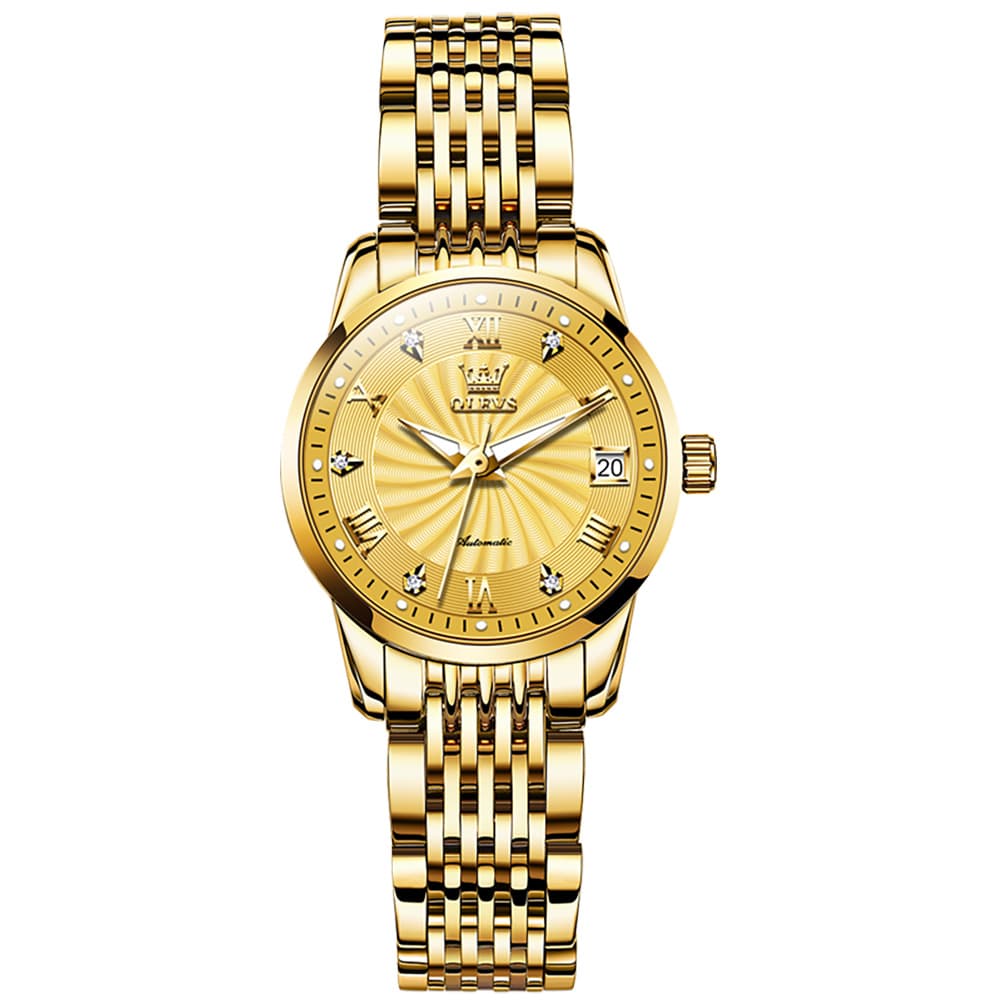 OLEVS 6630 Petite Sunburst Mechanical Watch for Women - All Gold Watch | Olevs Watch Store