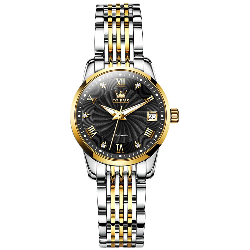 OLEVS 6630 Petite Sunburst Mechanical Watch for Women - Two Tone Black Watch | Olevs Watch Store
