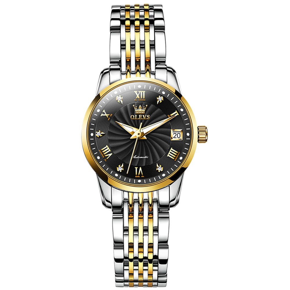 OLEVS 6630 Petite Sunburst Mechanical Watch for Women - Two Tone Black Watch | Olevs Watch Store