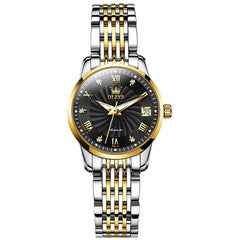 OLEVS 6630 Petite Sunburst Mechanical Watch for Women - Two Tone Black Watch | Olevs Watch Store