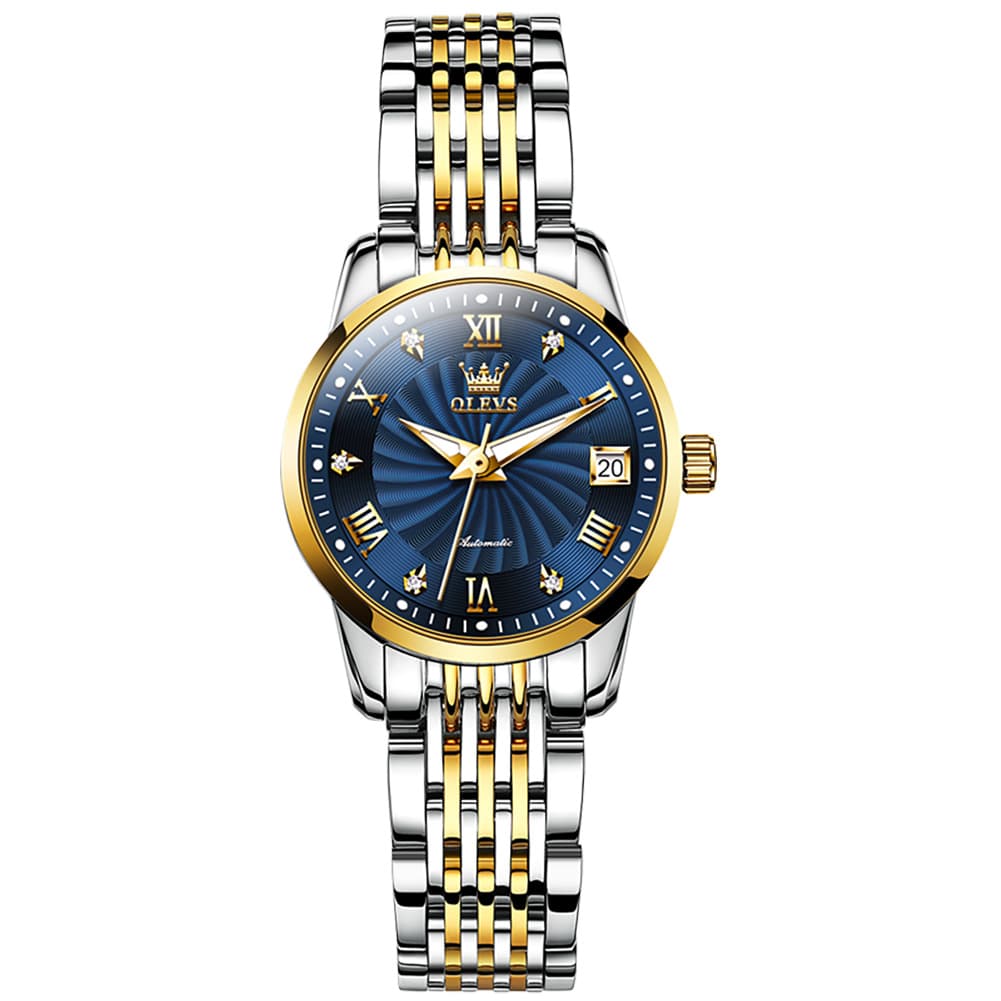 OLEVS 6630 Petite Sunburst Mechanical Watch for Women - Two Tone Blue Watch | Olevs Watch Store