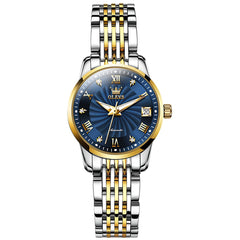 OLEVS 6630 Petite Sunburst Mechanical Watch for Women - Two Tone Blue Watch | Olevs Watch Store