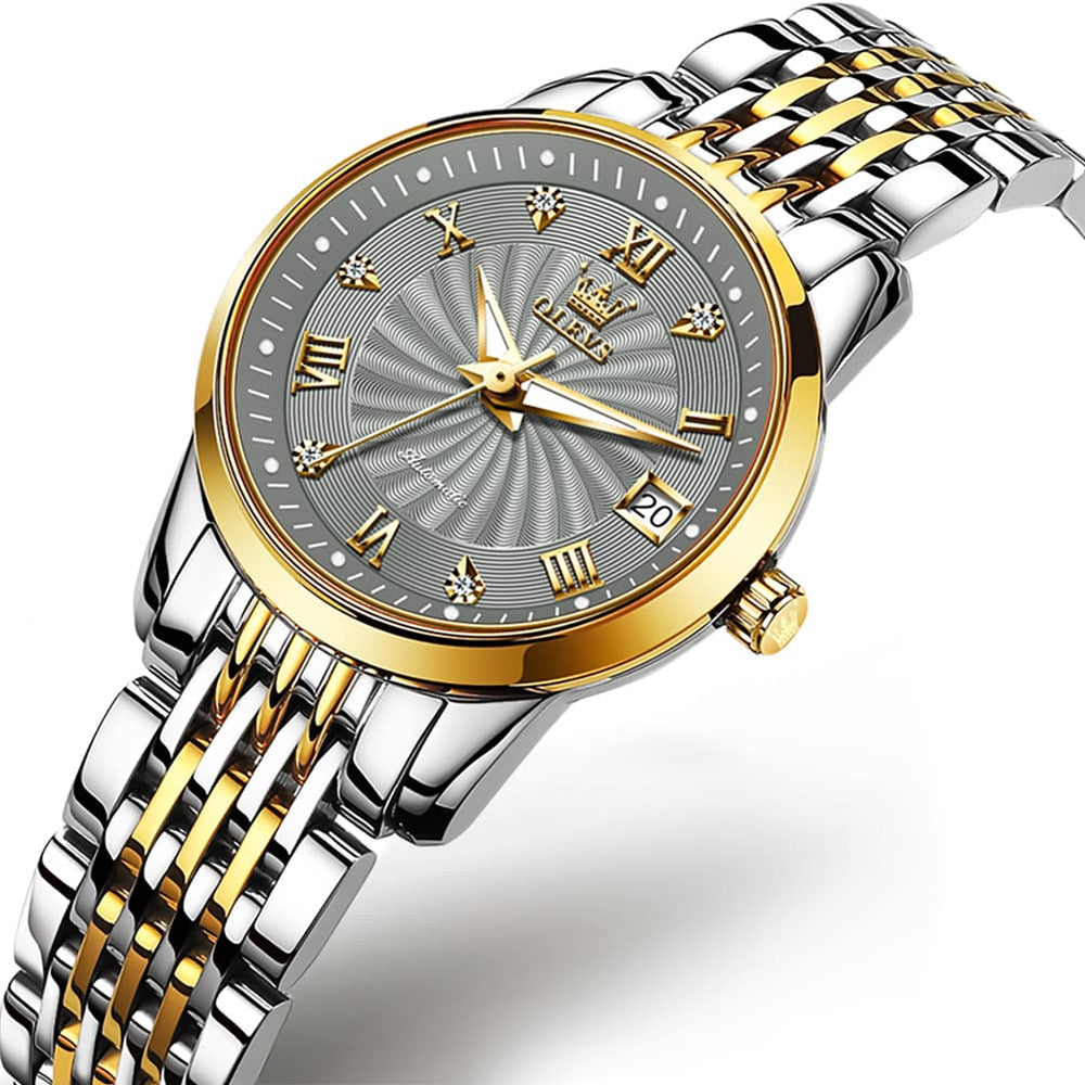 OLEVS 6630 Petite Sunburst Mechanical Watch for Women - Two Tone Gray Watch | Olevs Watch Store