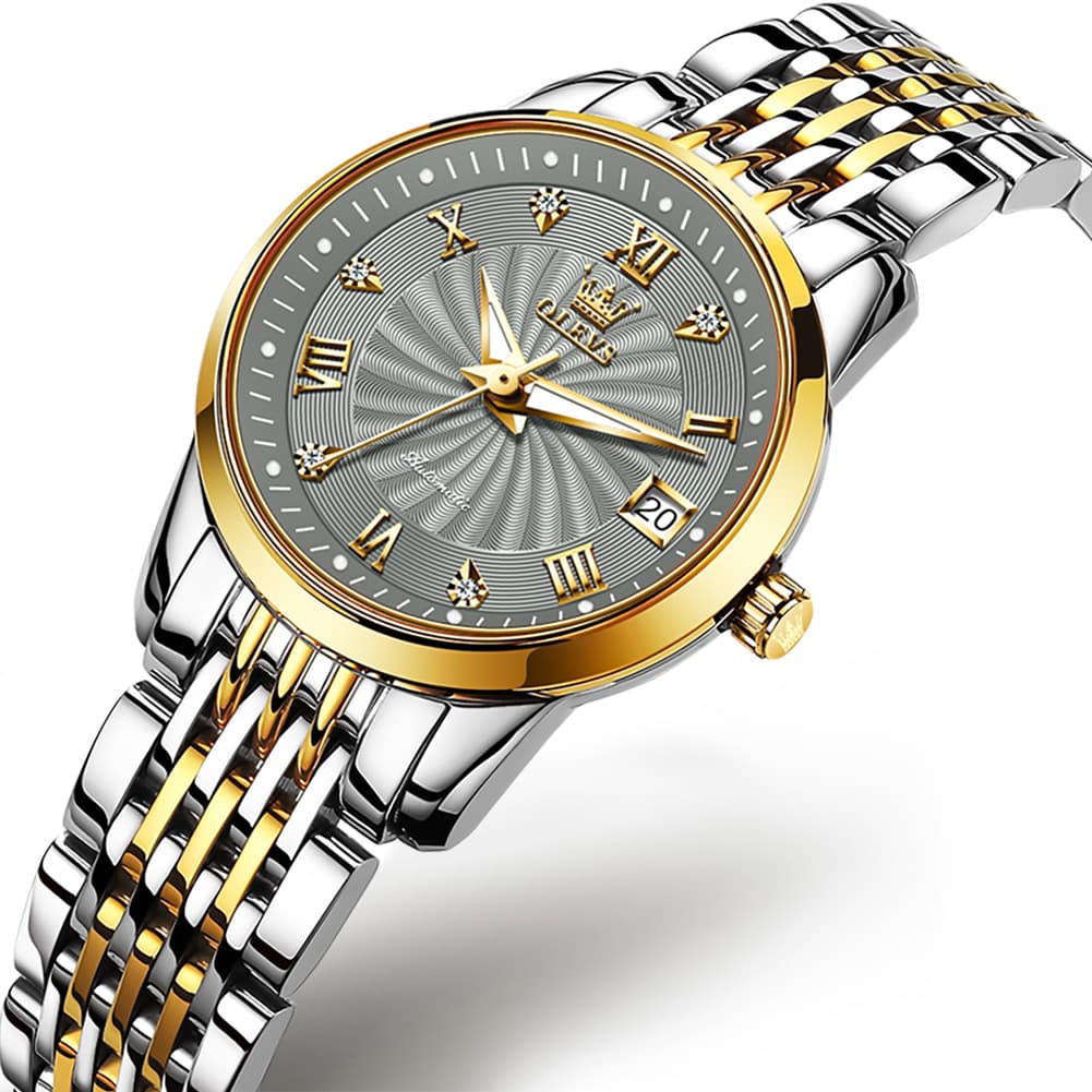 OLEVS 6630 Petite Sunburst Mechanical Watch for Women - Two Tone Gray Watch | Olevs Watch Store