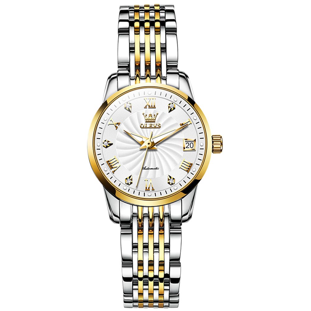 OLEVS 6630 Petite Sunburst Mechanical Watch for Women - Two Tone White Watch | Olevs Watch Store