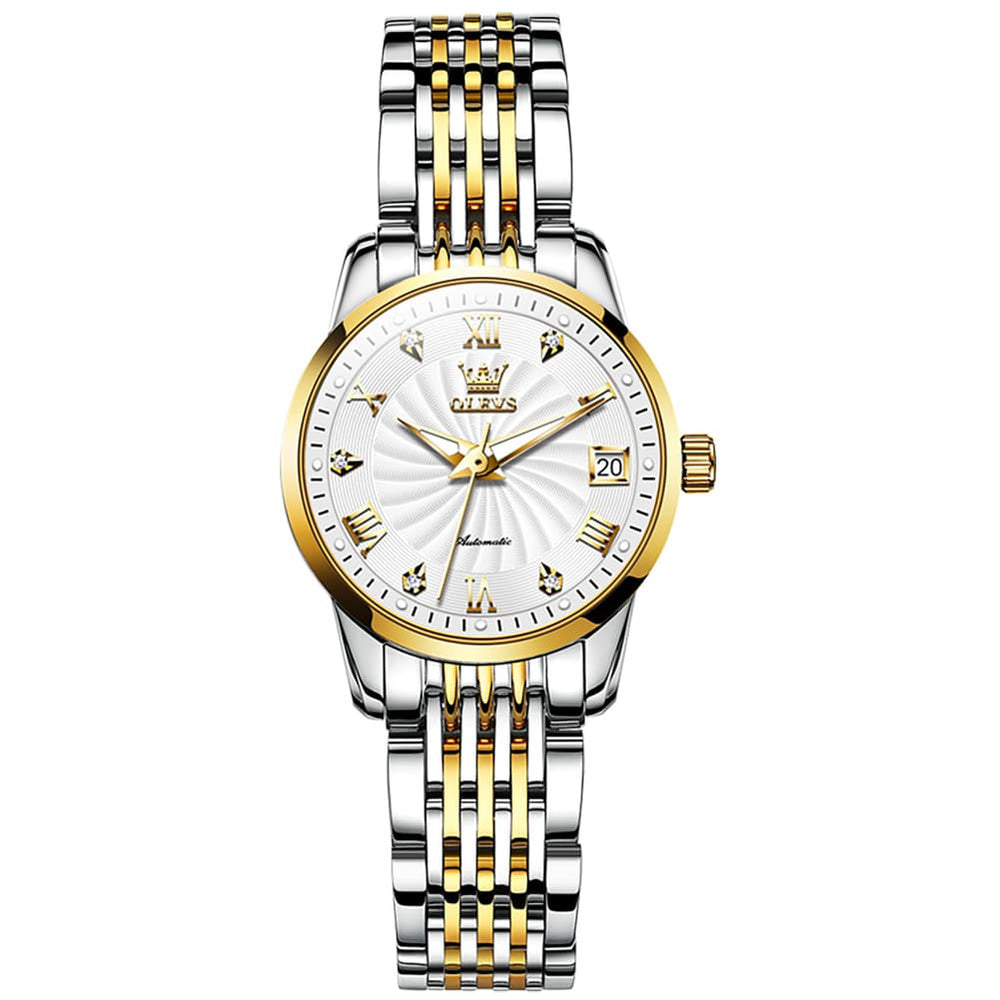 OLEVS 6630 Petite Sunburst Mechanical Watch for Women - Two Tone White Watch | Olevs Watch Store