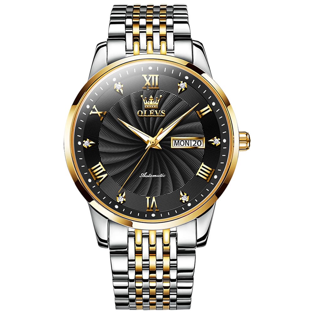 OLEVS 6630 Sunburst Dial Mechanical Watch for Men - Two Tone Black Watch | Olevs Watch Store