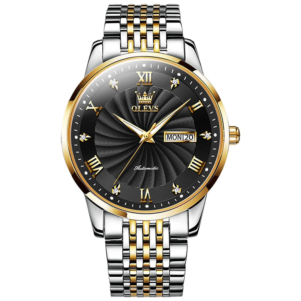 OLEVS 6630 Sunburst Dial Mechanical Watch for Men - Two Tone Black Watch | Olevs Watch Store