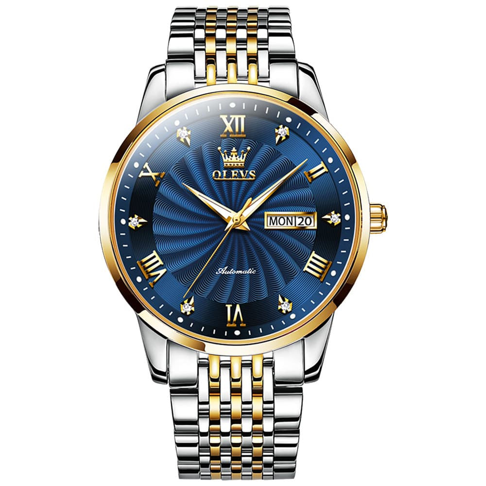 OLEVS 6630 Sunburst Dial Mechanical Watch for Men - Two Tone Blue Watch | Olevs Watch Store