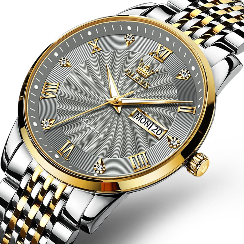 OLEVS 6630 Sunburst Dial Mechanical Watch for Men - Two Tone Gray Watch | Olevs Watch Store