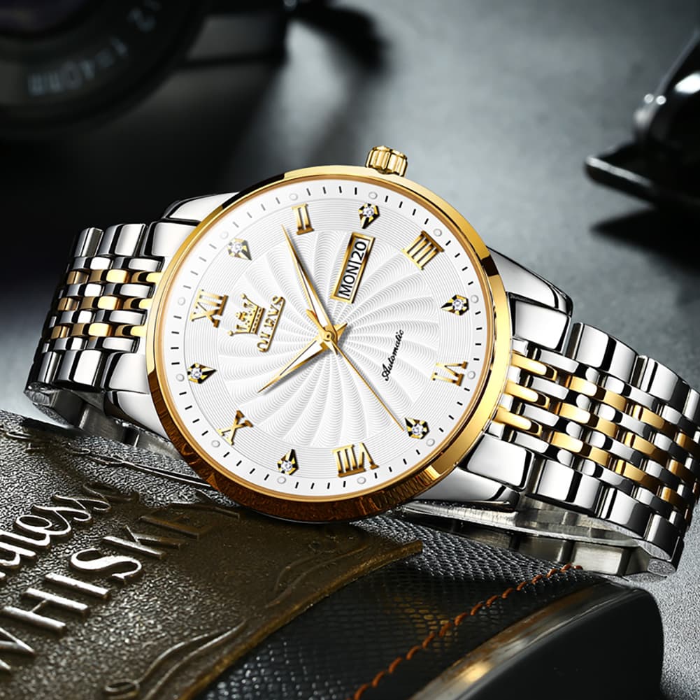 OLEVS 6630 Sunburst Dial Mechanical Watch for Men - Two Tone Gray Watch | Olevs Watch Store