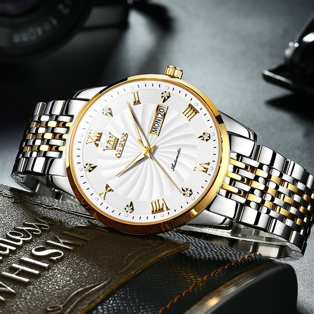 OLEVS 6630 Sunburst Dial Mechanical Watch for Men - Two Tone Gray Watch | Olevs Watch Store