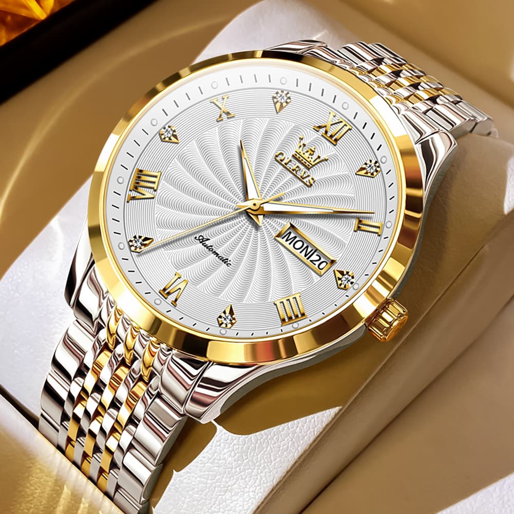 OLEVS 6630 Sunburst Dial Mechanical Watch for Men - Two Tone Gray Watch | Olevs Watch Store