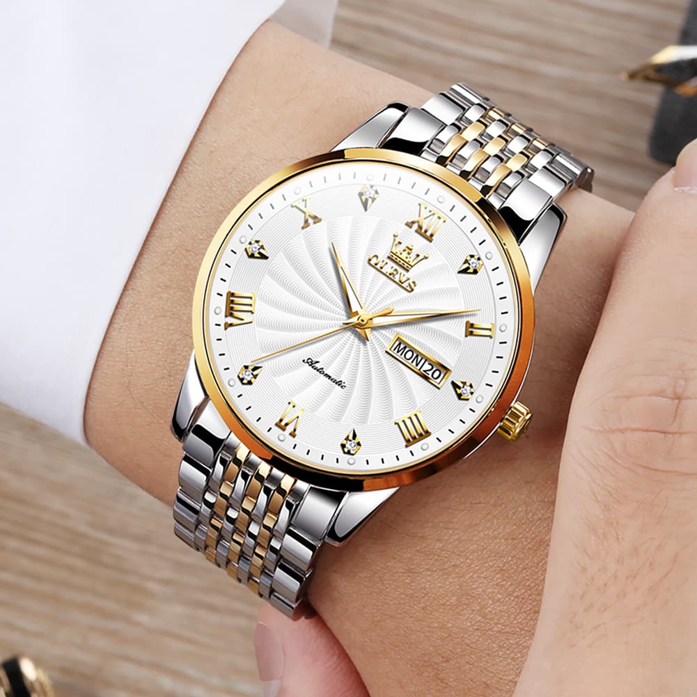 OLEVS 6630 Sunburst Dial Mechanical Watch for Men - Two Tone Gray Watch | Olevs Watch Store